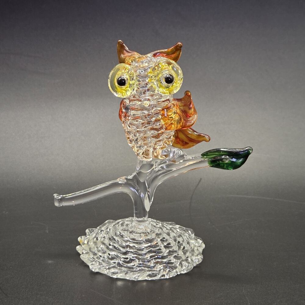 Vintage Hand Blown Glass Art Owl On Perch
